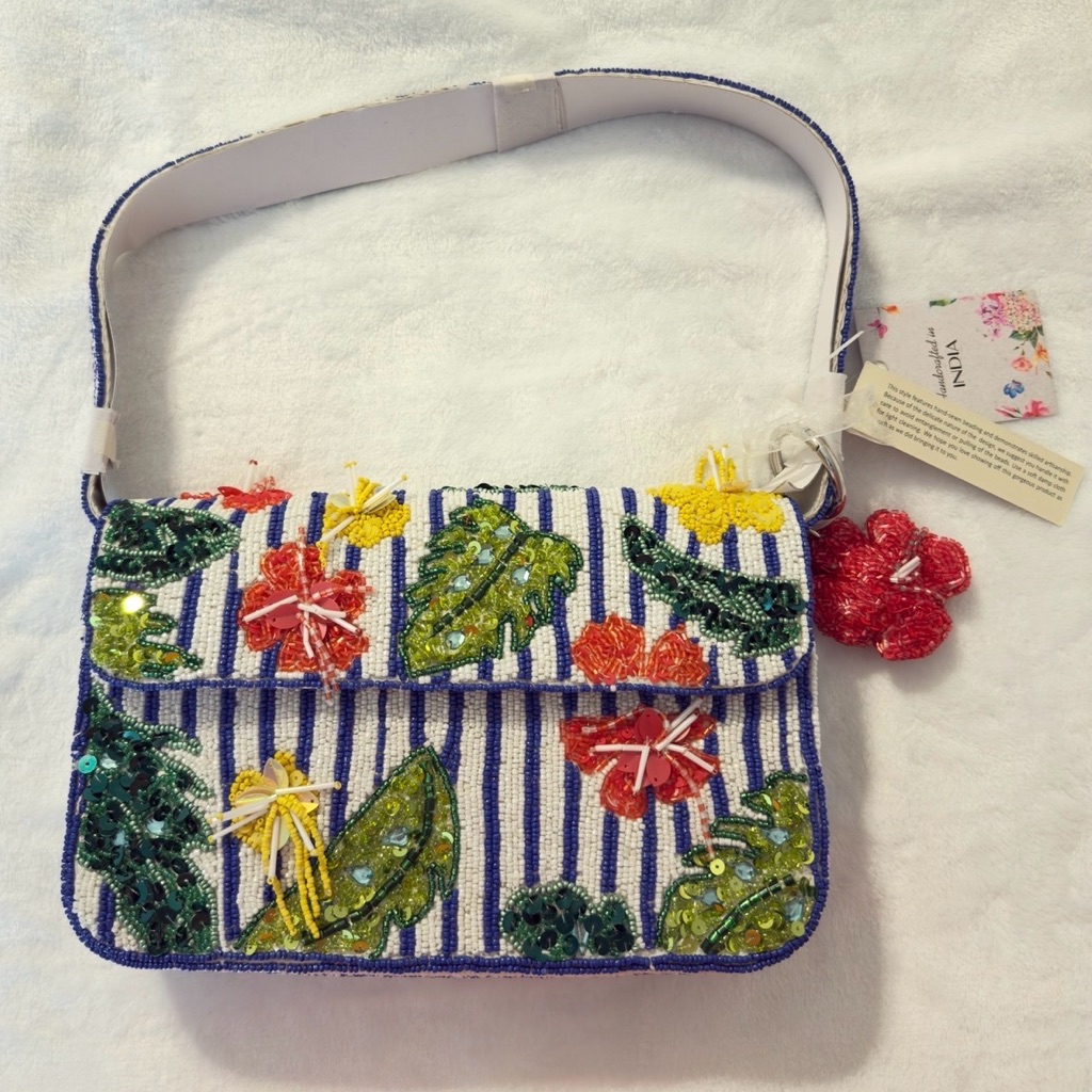 Embroidered Hibiscus Beaded Shoulder Bag In Multicolor By